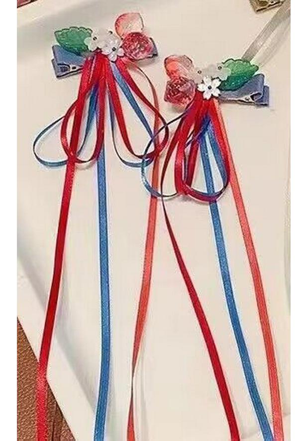 Girl s Traditional Long Silk Strawberry Bow Hair Clips – Handmade Hanfu Princess Accessories