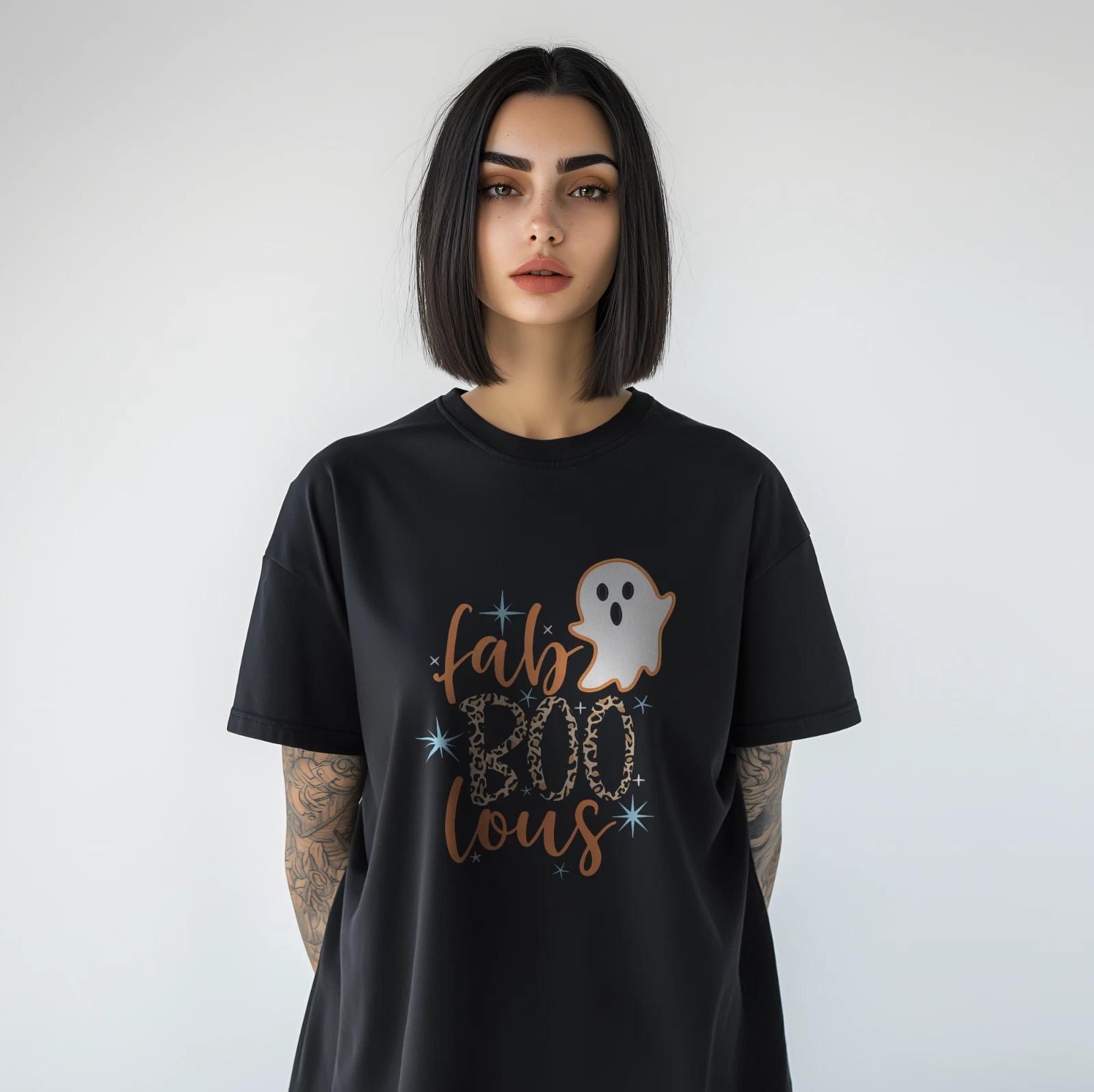 Fab-BOO-lous Halloween Shirt Women Ghost Leopard Print Spooky Cute Tee A381 XL