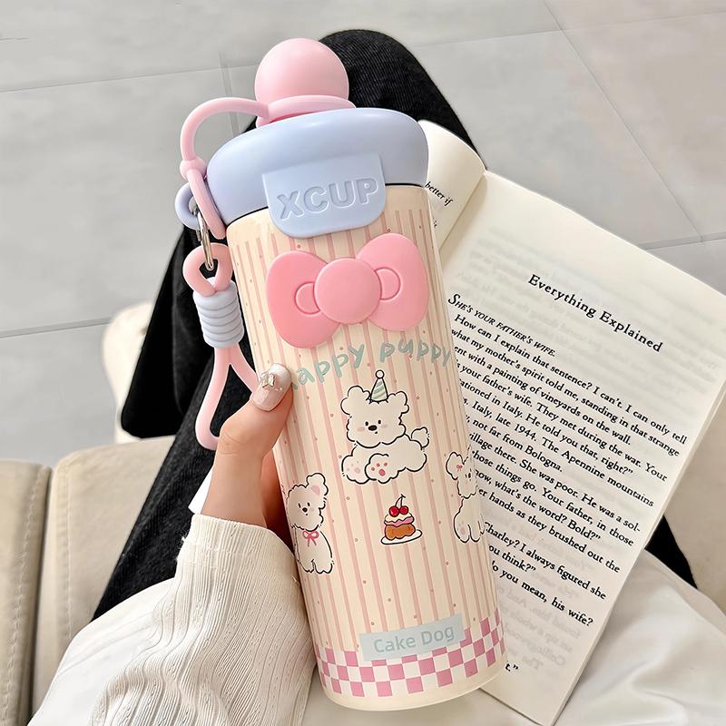 Cute Cat Thermal Water Bottle With Straw Bow Sticker Stainless Steel Thermos For Hot Cold Water Coffee Tea Thermal Cup 600ml