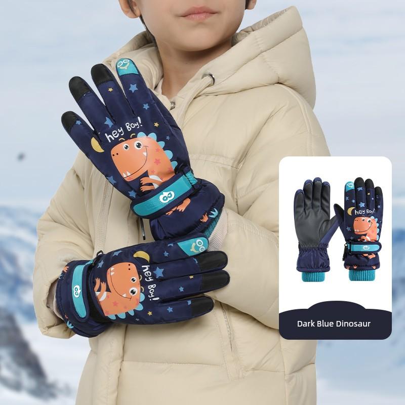Ski Gloves for Children, Warm Winter Gloves for Boys, Five-Finger Thickened Fleece, Waterproof, Cute Student Gloves for Boys and Girls, Cotton Gloves