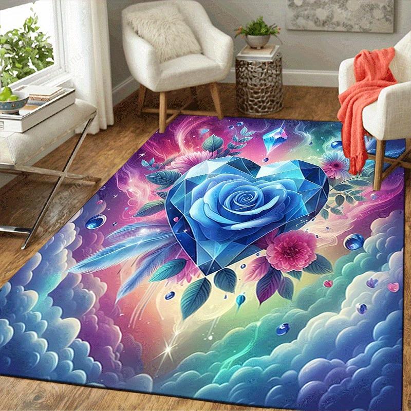 1pc Blue glass rose Design Area Rug - Soft, Anti-Slip, and Durable Gaming Room Decor for Bedroom