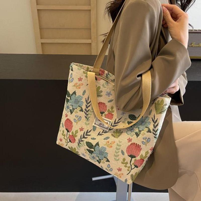 Flower Printed Large Capacity Reusable Shoulder Bag Versatile Student Commuting Handbags