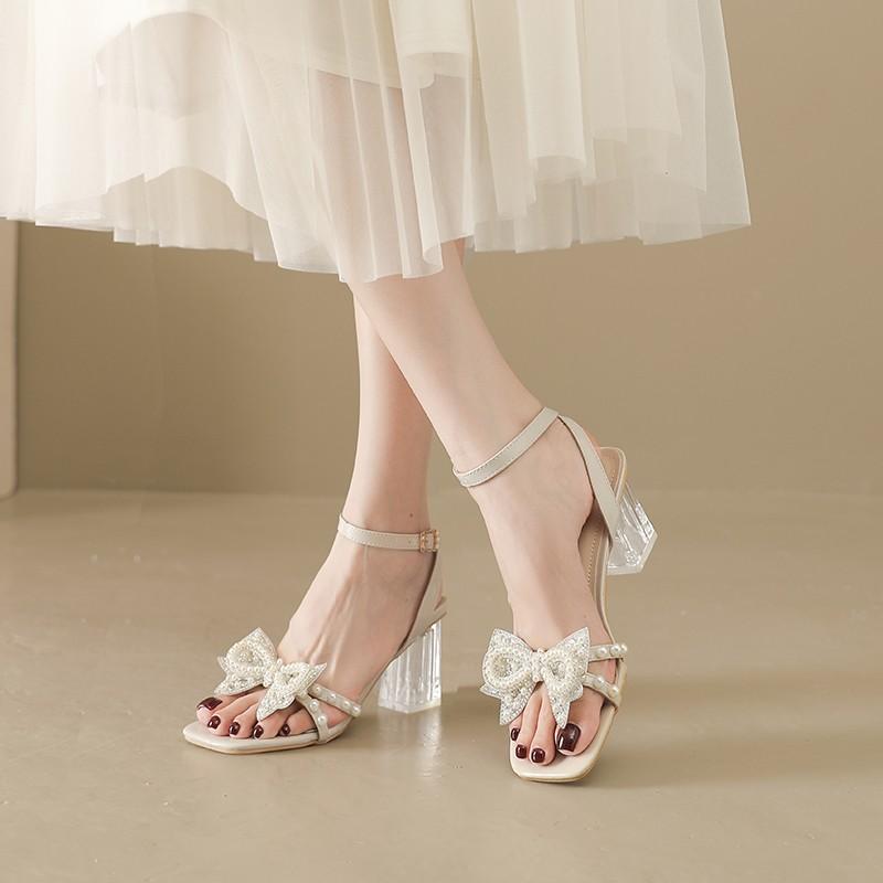 2025Summer Latest Women's Sandals Square Head Fashion Crystal Heel High Heel Thick Heel Bow Ankle Buckle Strap Female Shoes