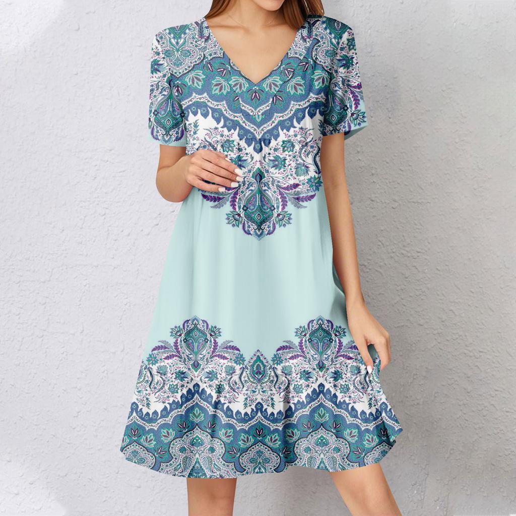 Womens Summer Dress Short Sleeve V Neck Short Dresses Fashion Casual Flowy Boho Ruffle A Line Swing Sundress