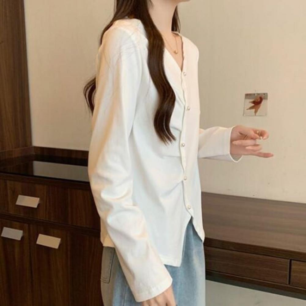 NaVaVa RomanTic Pearl BuTTon PoinT V Neck Long sleeVe T shirT nT2937
