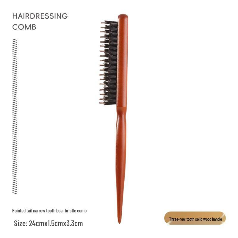 Solid Wood Boar Bristle Three-Row Hair Styling Comb - Root Volumizing & Evening Wear Tool