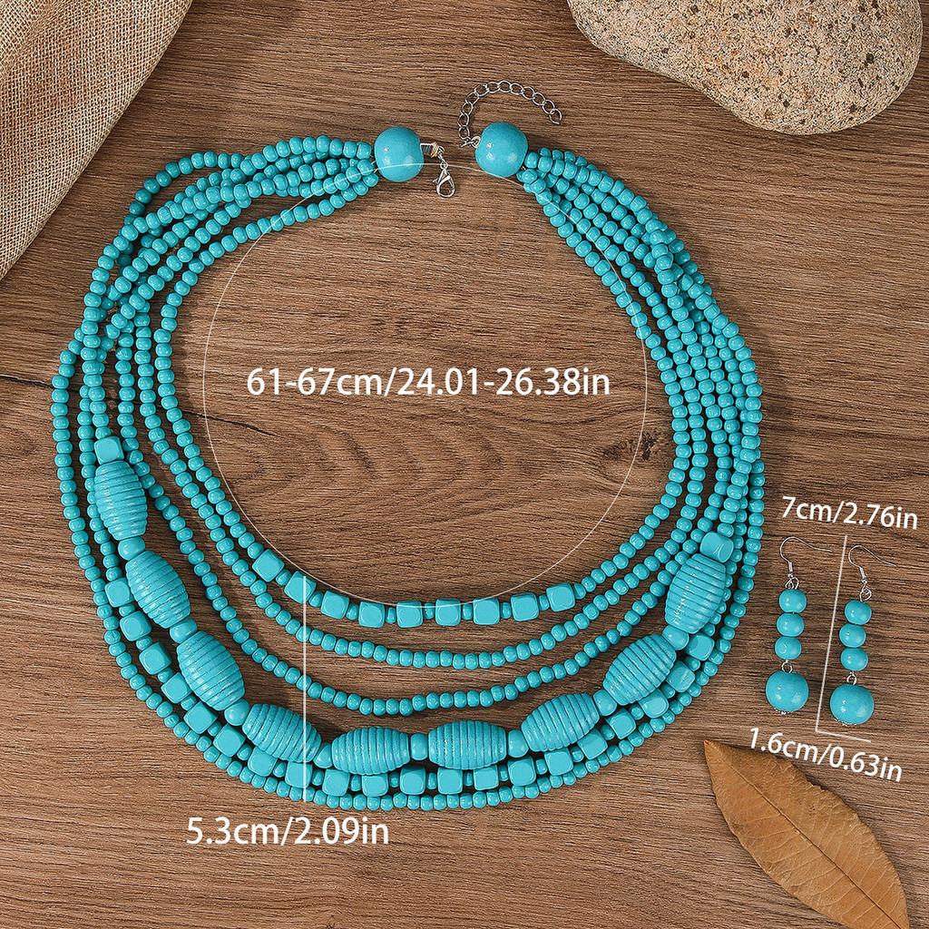 Set di Collana e Orecchini in Perline di Legno Geometriche Bohemien per Feste
