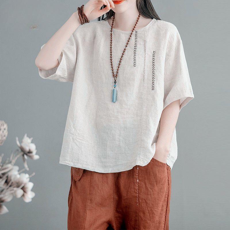 

Художественная ретро-блузка с короткими рукавами из хлопка и льна с вышивкой, круглый вырез, летняя свободная универсальная футболка большого размера, пуловер для женщин M
