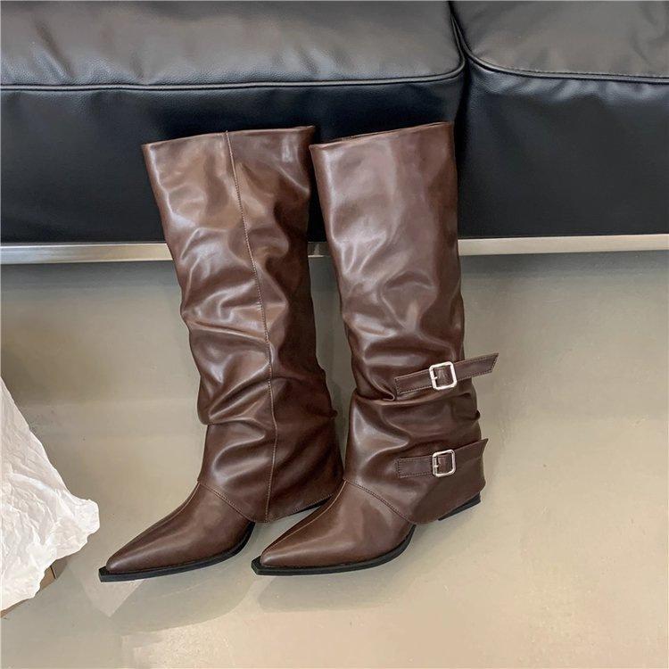 Heel Pants Boots Big Tube Circumference Pointed Head Wide Tube Boots New Year Stacking Boots High Heel Boots Knight Boots