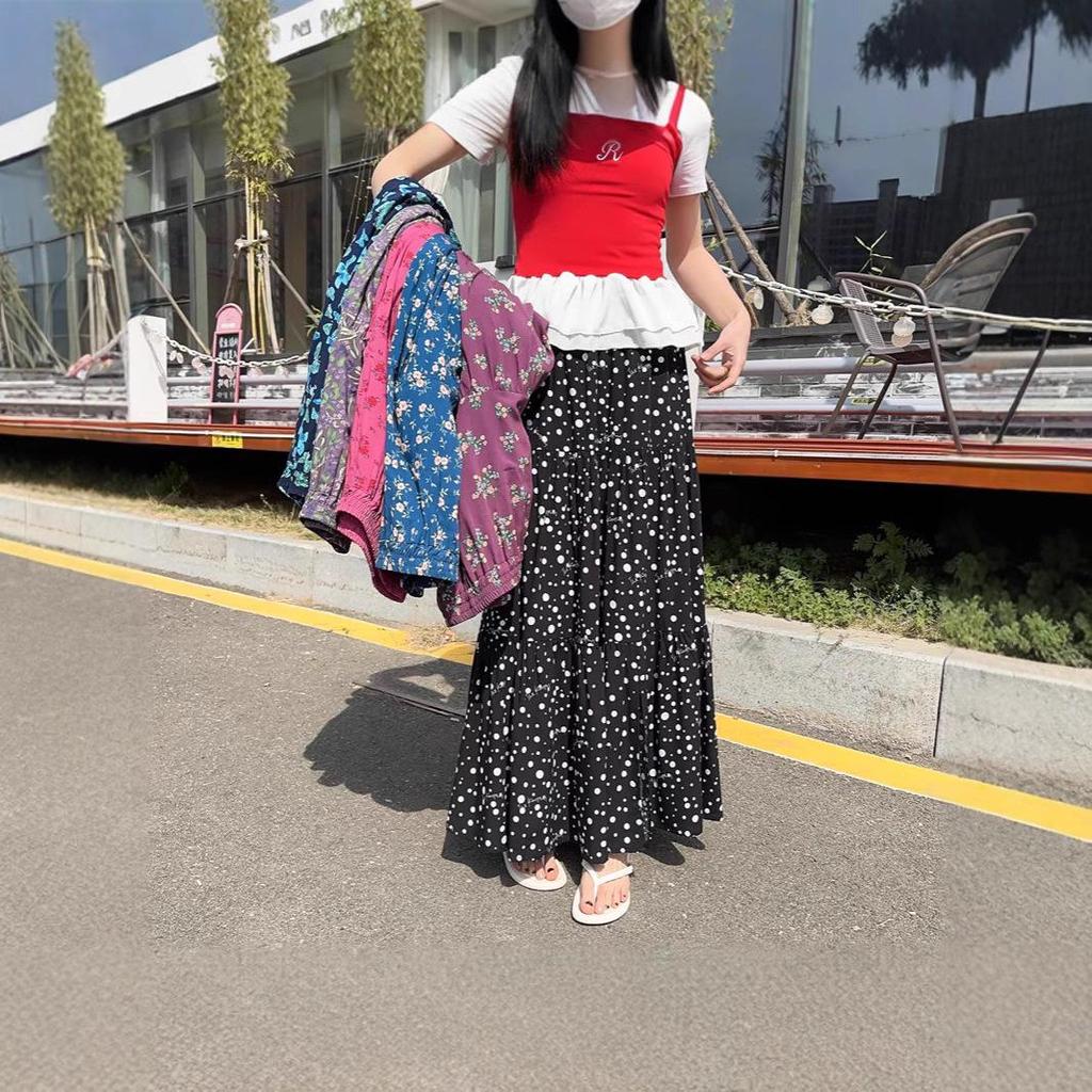 2025 Summer Floral Cotton-Silk Midi Skirt: Slimming, Thin Rayon Cardigan, Long Cake Skirt for Women.