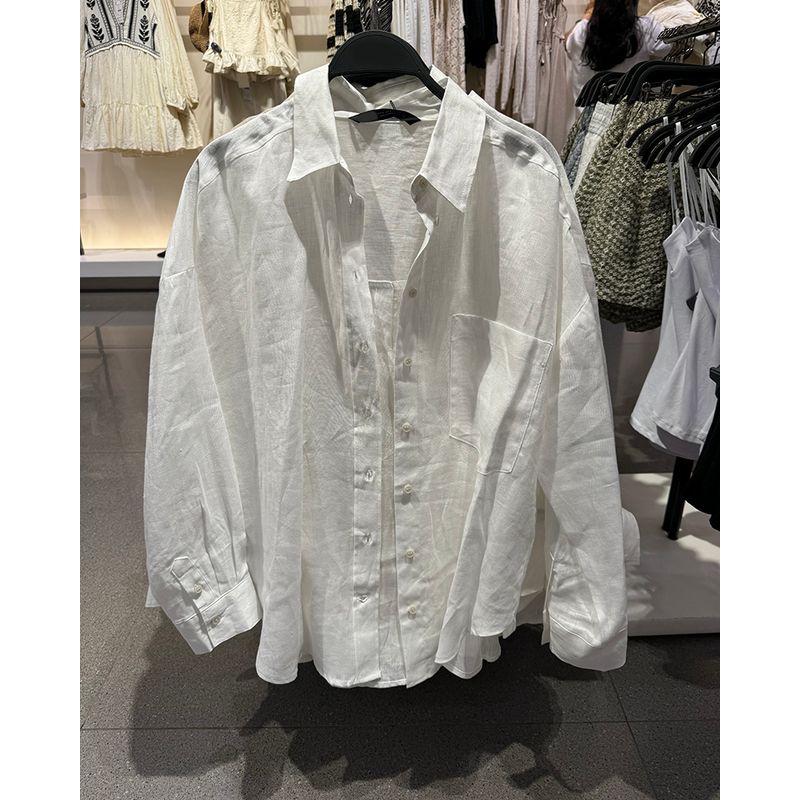 

Za2024 New Spring and Autumn Women s Clothing Pocket Decoration White Loose Straight-leg Linen Long Sleeve Shirt Top 8372034 White XS