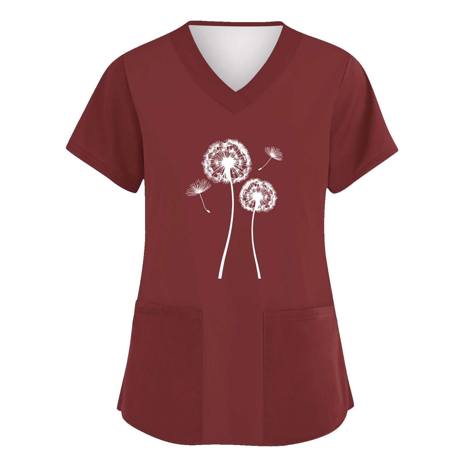 

Женская мода с v-образным вырезом, короткими рукавами и карманами, топы с принтом XL красный