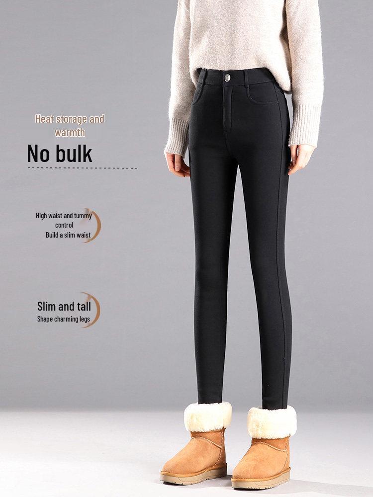Women's High-Waisted Fleece-Lined Black Leggings, Autumn/Winter 2025, Stretchy, Slim-Fit Pencil Pants