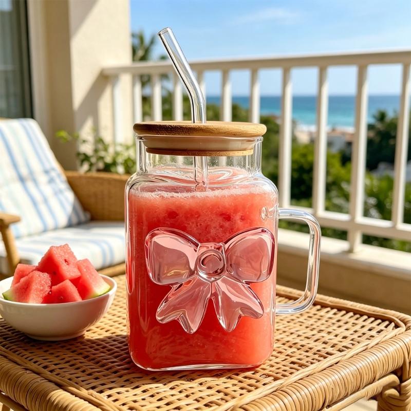 Premium Glass Tumblers With Ergonomic Handle And Straw Wooden Lid For Hot and Cold Drink Juice Coffee Tea Drinking Mug