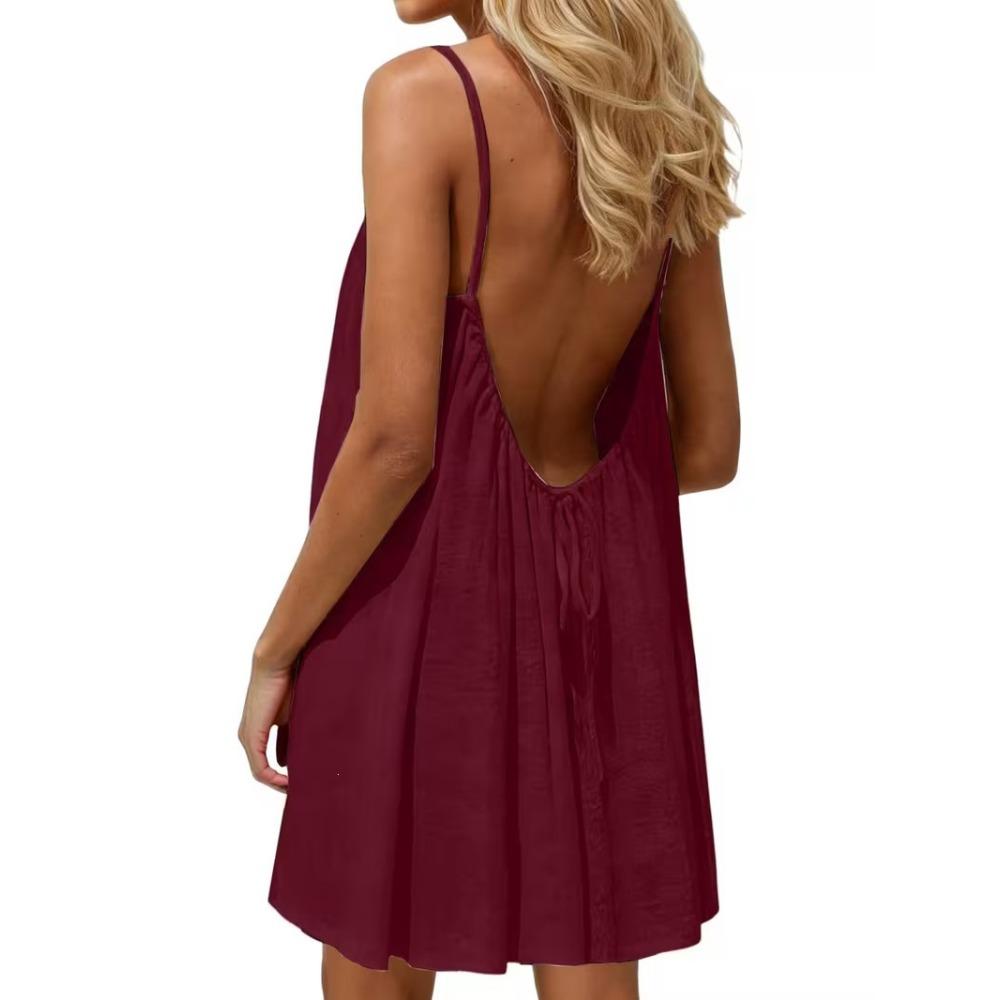 Damen-Rückenfreies Spaghettiträger-Kleid Lässig Lockerer Schnitt Sommer Strand Minikleid