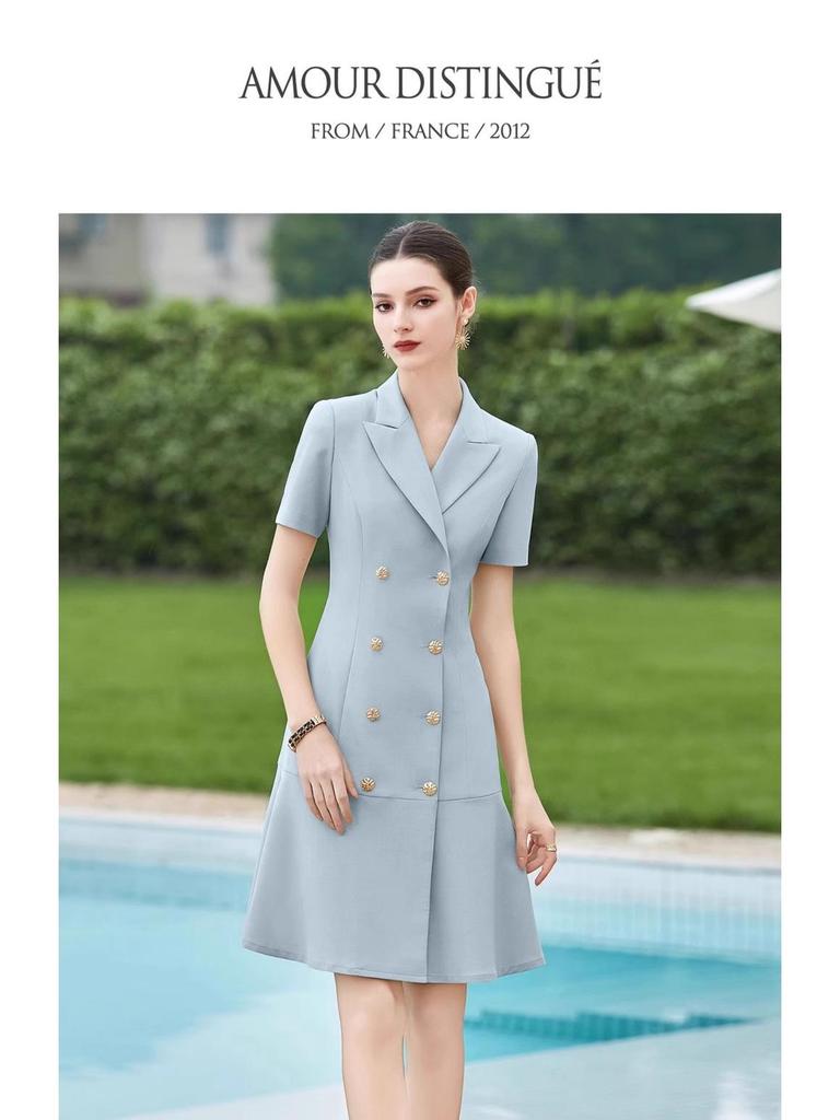 Chic Double-Breasted Slimming Summer Work Dress with Suit Collar and Short Sleeves