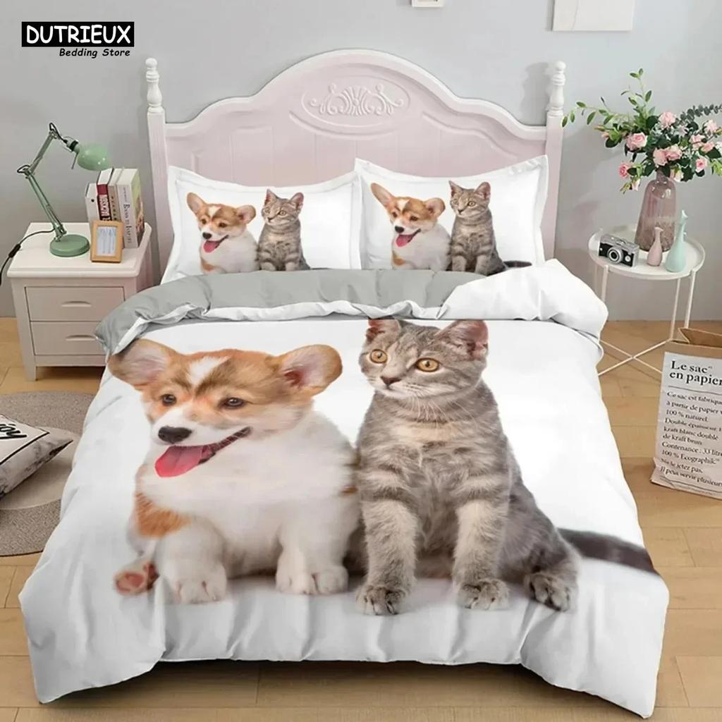 Luxury New 3D Print Cute Baby Cat Bedding Set White Black Kitten Bed Linen Single Double Duvet Cover Kids Girls Dogs Room Decor