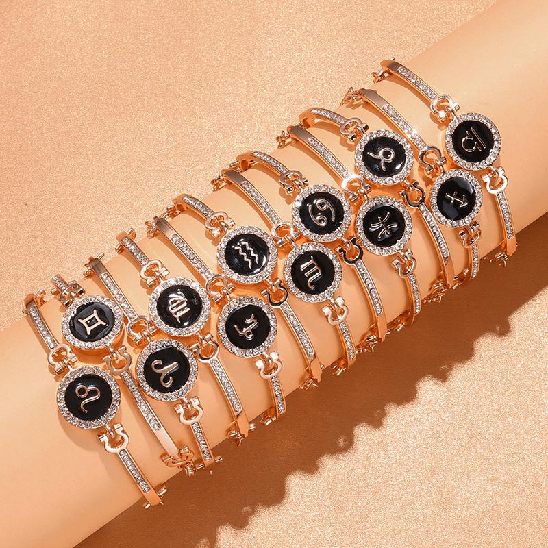 12 Zodiac Signs Bracelet for Women, Rose Gold Plated Inlaid Diamond Constellation Bangle, Fashion Couple Jewelry Gift