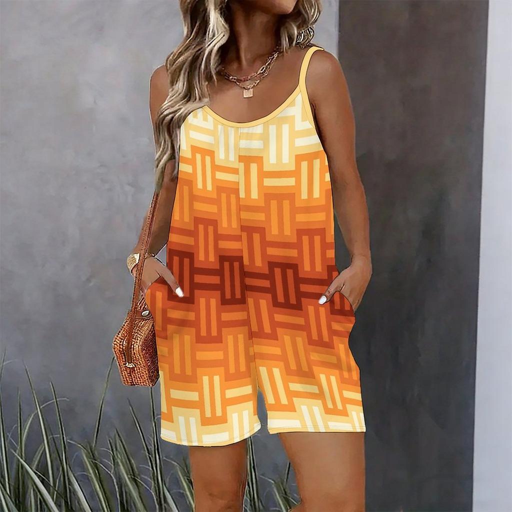 Womens Sleeveless Spaghetti Strap Romper Starry Sky Art Print Pocket Short Jumpsuit