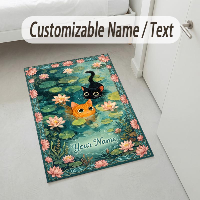 Cats Theme Soft Crystal Velvet Rug Custom Name & Text Print Non Slip Floor Rug for Bedroom Living Room