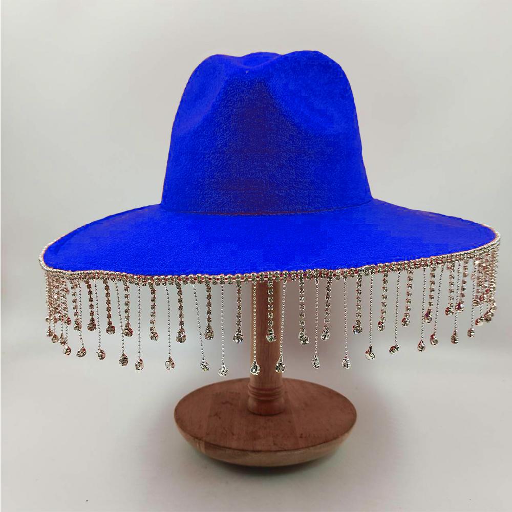 Women Rhinestone Tassel Decor Wide Brim White Fedora Hat For Party Cap Handmade Rhinestone Fringe Cowgirl Hat Wholesale
