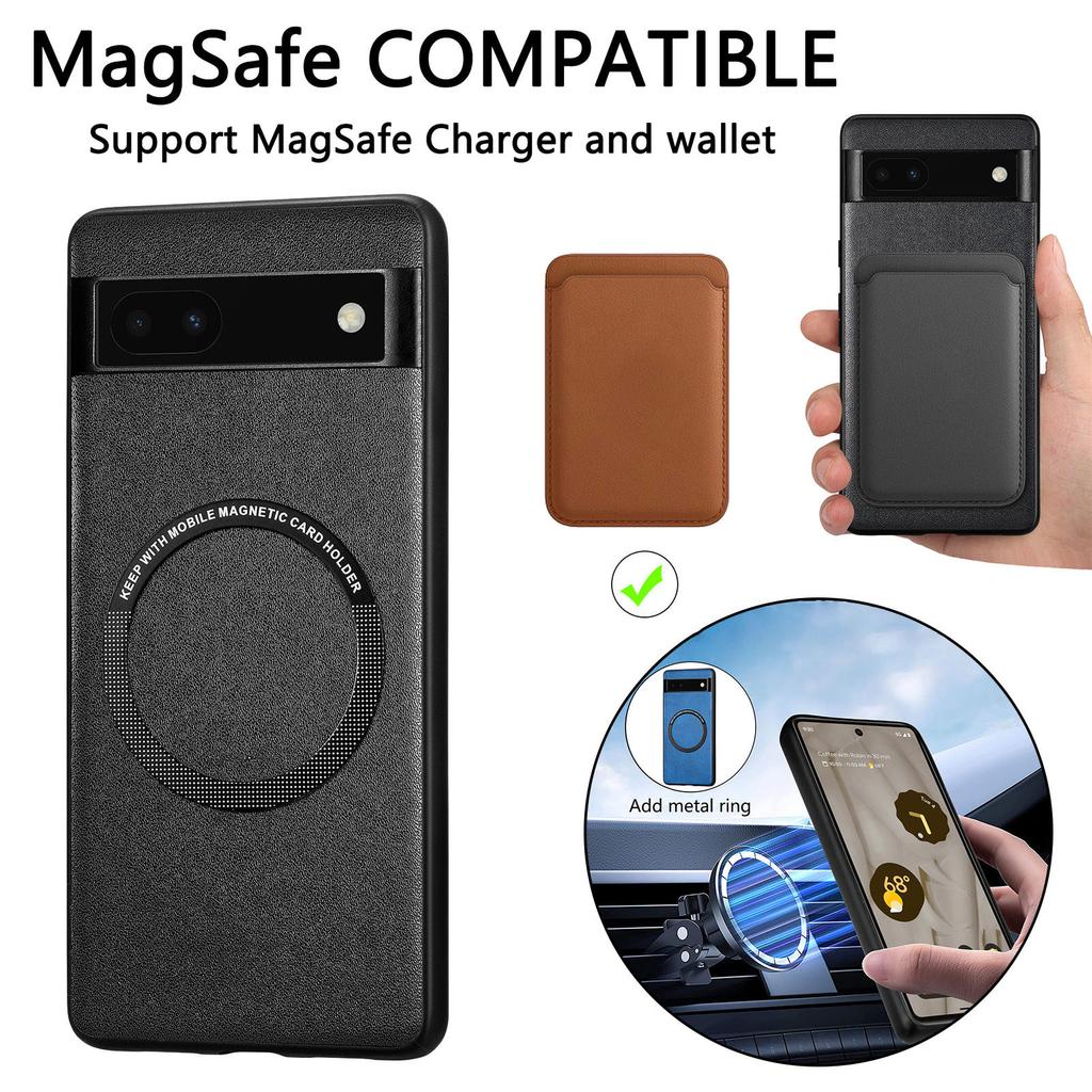 For Google Pixel 6a Drop-proof Phone Case Compatible with MagSafe PU Leather Coated PC+TPU Phone Cover