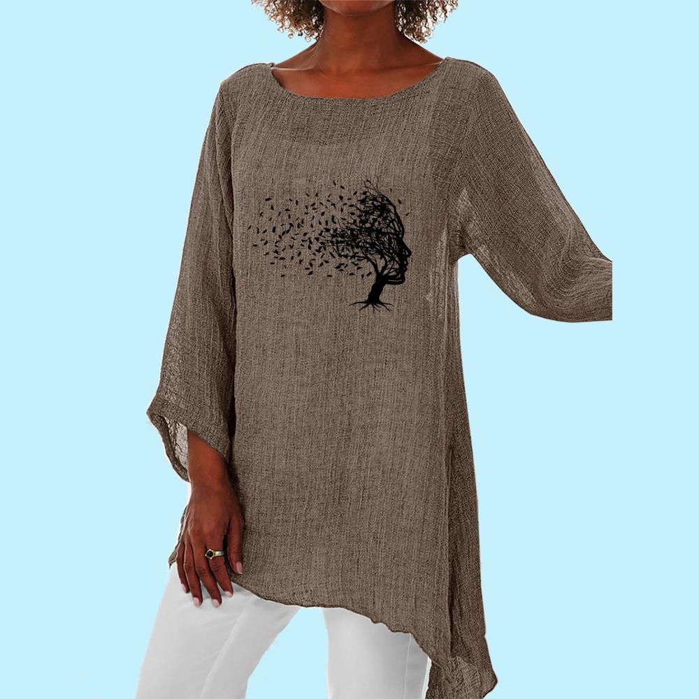 Dámská móda Dlouhá košile s 3/4 rukávem Žena Jaro Léto Neformální Potisk Tenký svetr s kulatým límečkem Volná košile