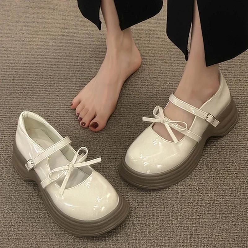 Fashion Black Chunky Platform Mary Jane Shoes for Women 2025 Spring Patent Leather Pumps Woman Thick Bottom Bowknot Lolita Shoes Ladies