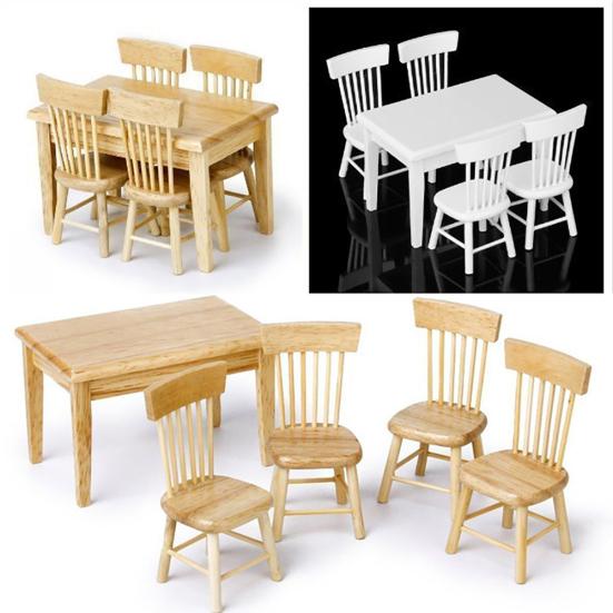 5Pcs Dining Table Chair Model 1:12 Dollhouse Miniature Wooden Furniture Toy Set