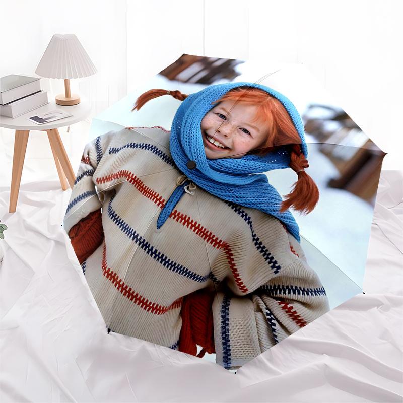 Ombrello da Viaggio a Tema Pippi Calzelunghe - 8 Stecche, Apertura e Chiusura Automatiche, Design Pieghevole Portatile, Ombrello Compatto ed Elegante Adatto