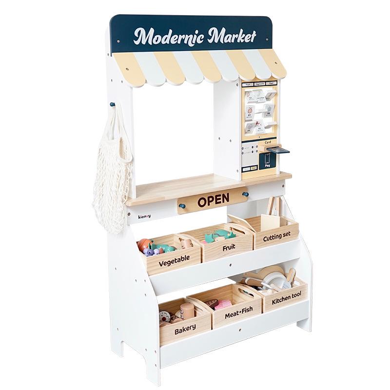 Wooden Playhouse Market Stall & Cash Register Toy for Kids' Supermarket Simulation