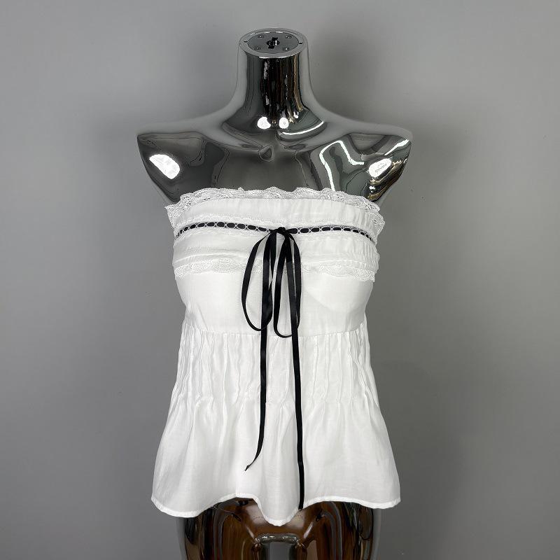 Korean Dongdaemun Lace Strapless Slimming Top with Padded Bust - Feminine and Sexy Design One Size белый