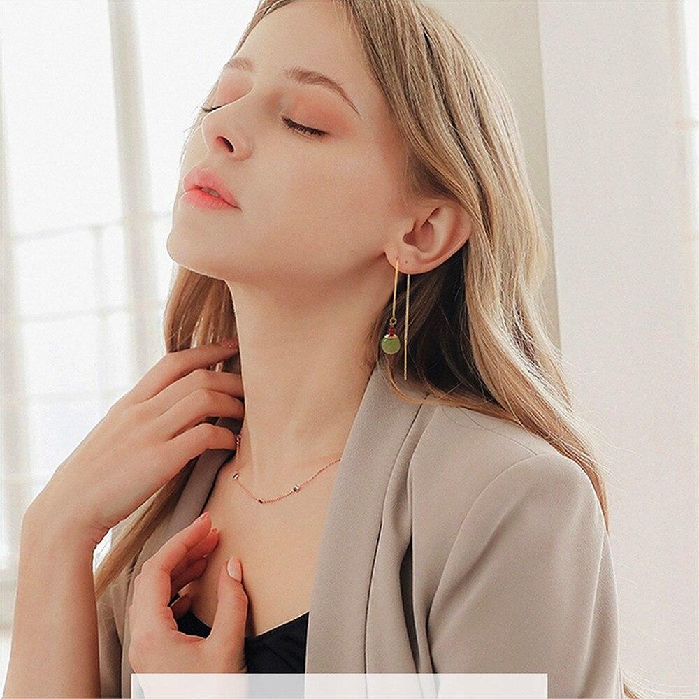 925 Sterling Silver Chain Hetian Jade Gold Line Drop Long Earring Female Ear Line Red Garnet Bead Jewelry Gift For Lover Wedding