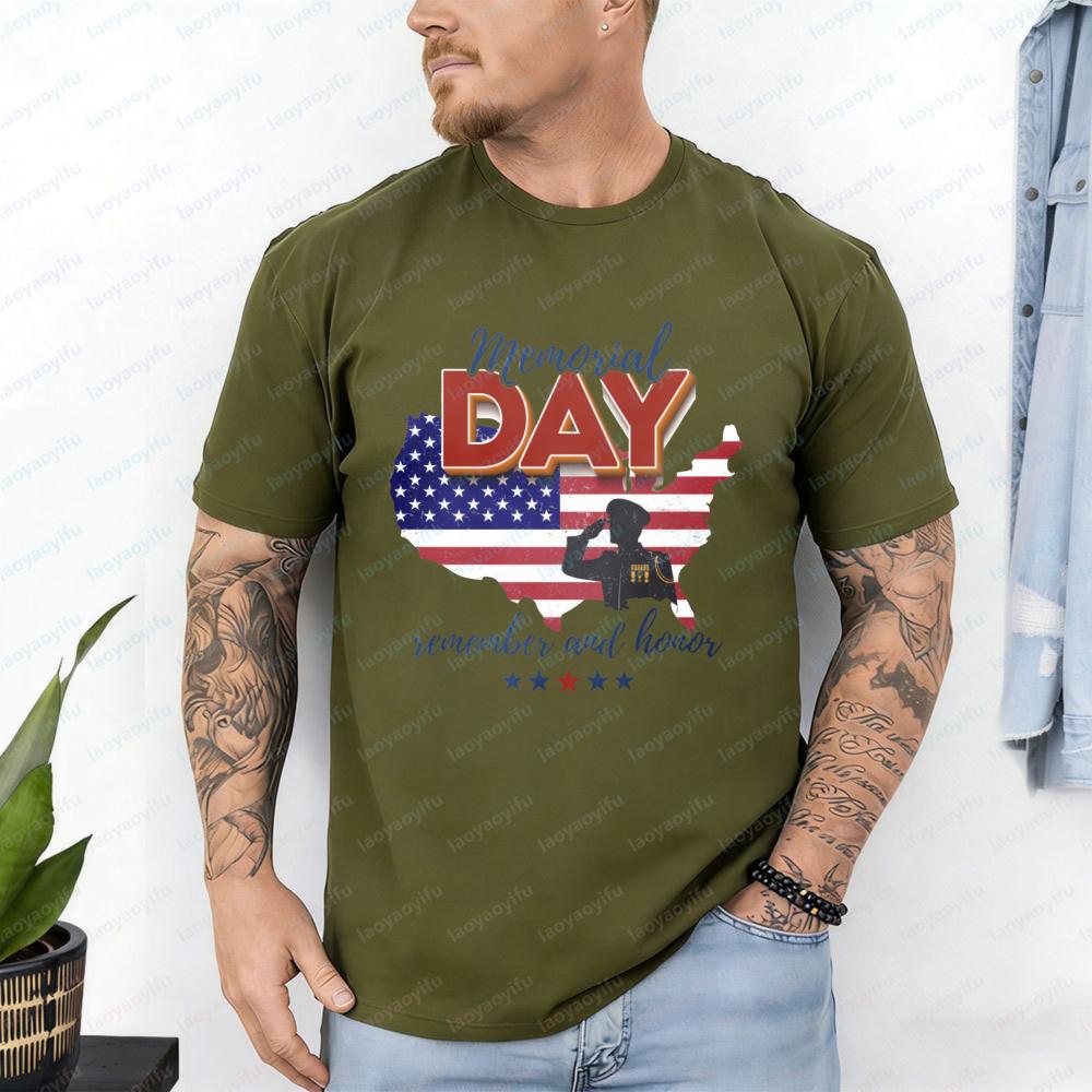 Memorial Day TShirt Remember and Honor Salute Soldier Patriotic Casual Cotton Tee Festival Vintage Trend Classic Mens Clothing
