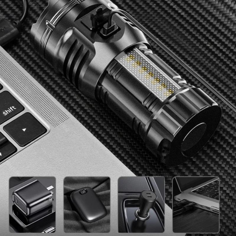 9 LED Mini Flashlight with Side Lights ABS Portable Rechargeable LED Torch Built-in Battery High Power Lantern 4 Lighting Modes