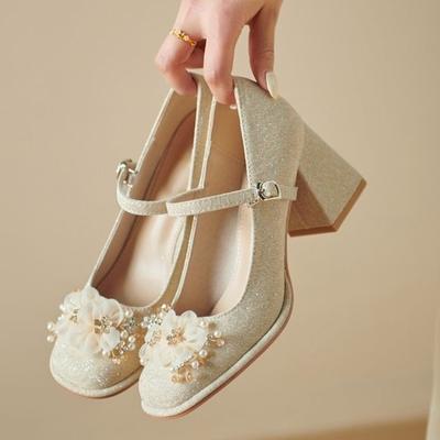 Spring/summer Bridesmaids, French Mary Jane Singles, Rhinestones, Bows, Block Heels, Heels, Women's Sequins