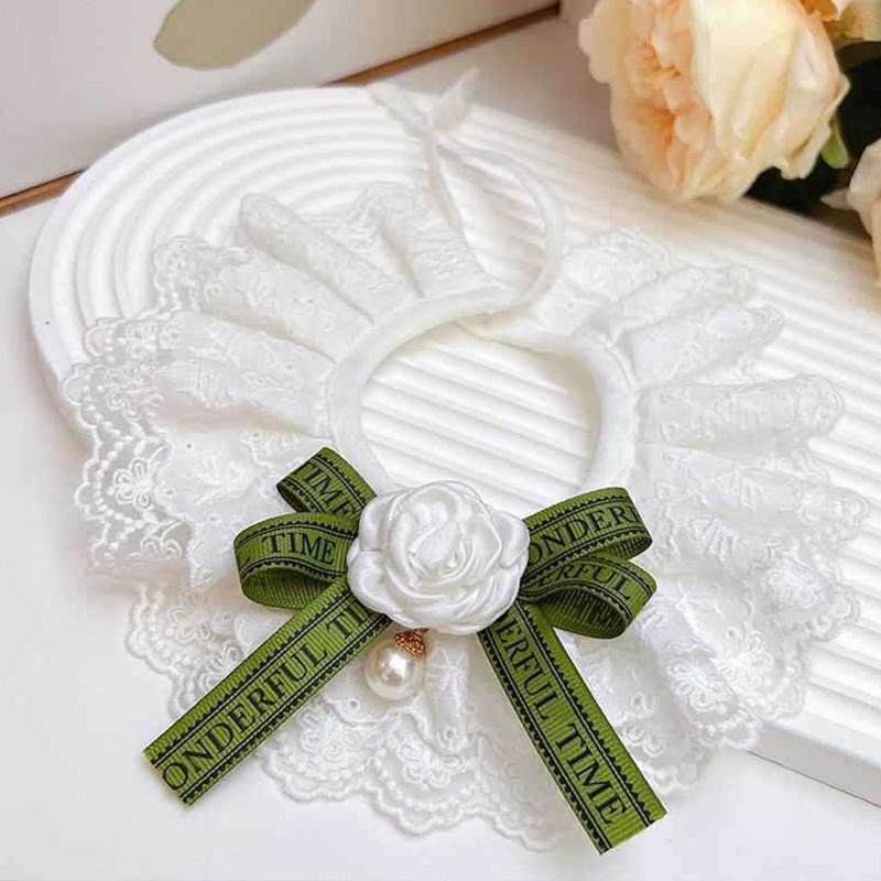 Dark Green Bow Knot Pet Cat Necklace Floral Pearl Decorate Bib Neck Collar for Small Medium Dogs Lace Wedding Cats Accessories