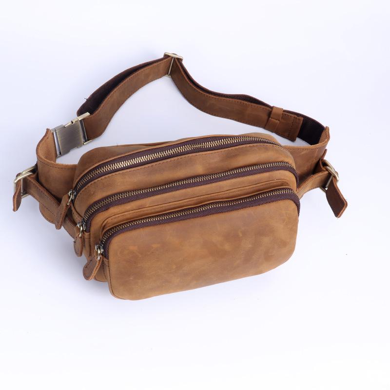 Real Leather Men's Bag, Multifunctional Men's Chest Bag, Cowhide Shoulder Crossbody Phone Bag, Crazy Horse Leather Waist Bag
