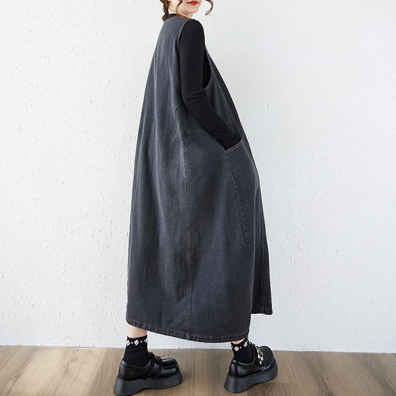 DIMANAF Women Plus Size Denim Dress Sleeveless Maxi Long Dress Cottton Vintage Loose Casual Dresses
