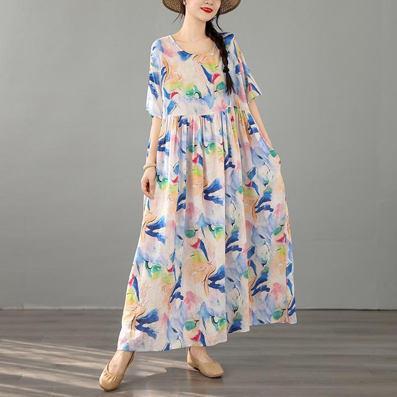 Abito estivo lungo e largo casual da donna, in cotone vintage, con maniche corte e taglie forti, floreale, nuovo di zecca.