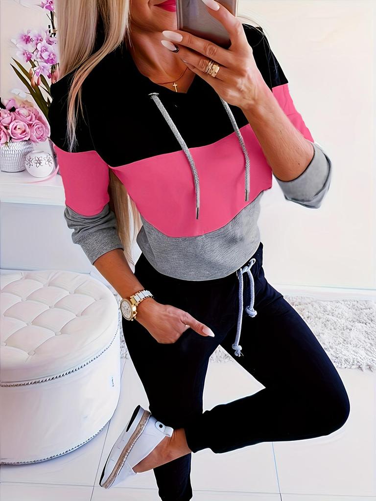 2025 Spring Long Sleeve Casual Color Block Hoodie Sweatshirt