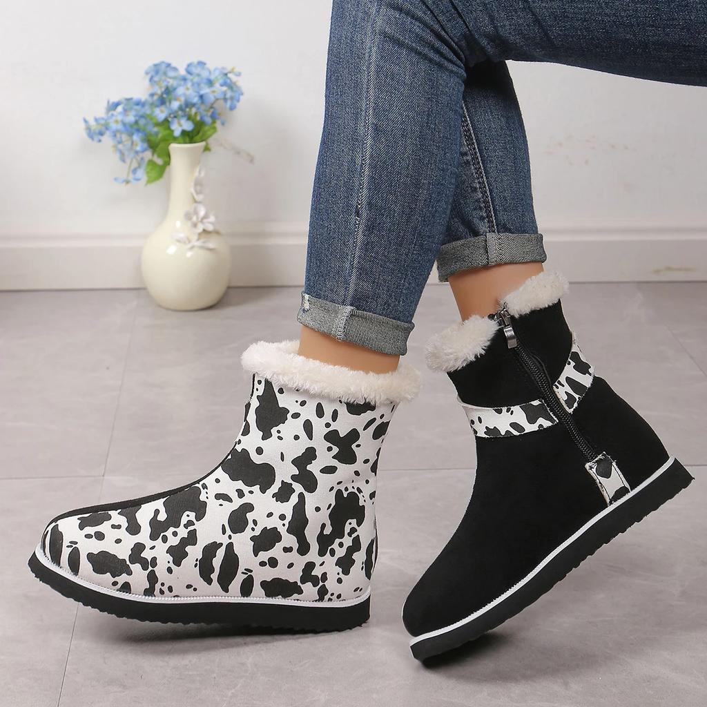 fashion Cow Pattern Short Plush Warm Snow Boots for Women 2024 Winter Zipper Faux Fur Ankle Boots Woman Comfort Flat Heels Cotton Shoes