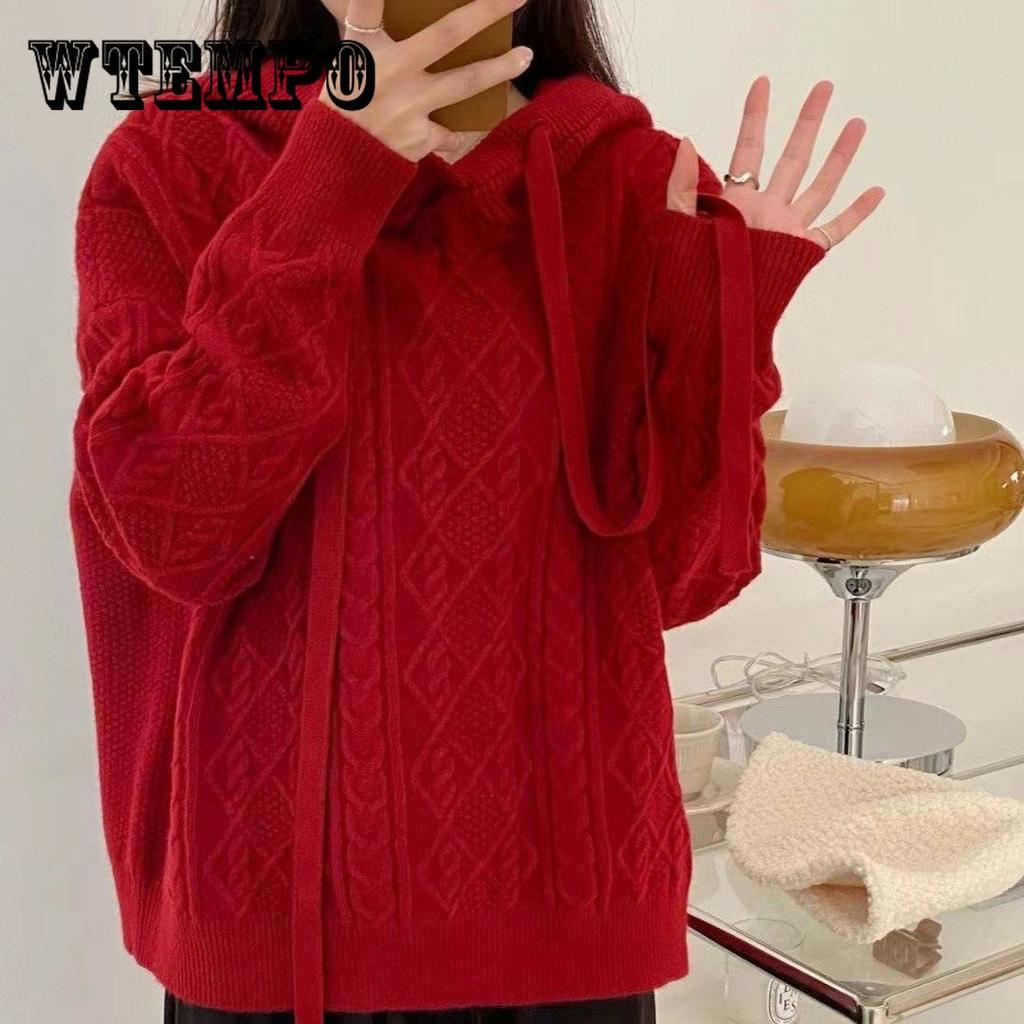 Knitted Hooded Sweaters for Women Classic Solid Knitted Pullover Oversized Fall Winter Casual Knitwear Sweatshirt