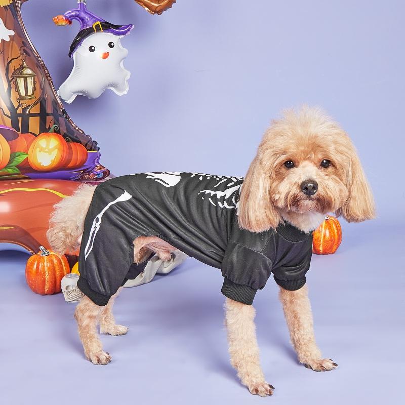Halloween Dog Skeleton Jumpsuit, Black Pet Onesie with White Bone Print, Small Dogs Cat Pet Clothes for Halloween Dress Up Party