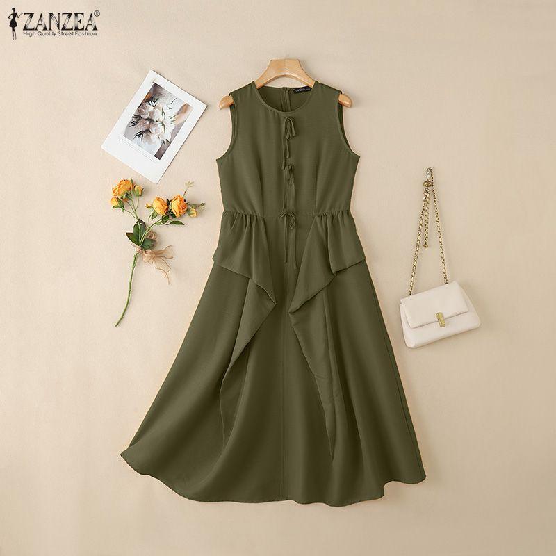 ZANZEA Women Sleeveless Ruffled Layers Baggy Casual Long Maxi Pleated Dress
