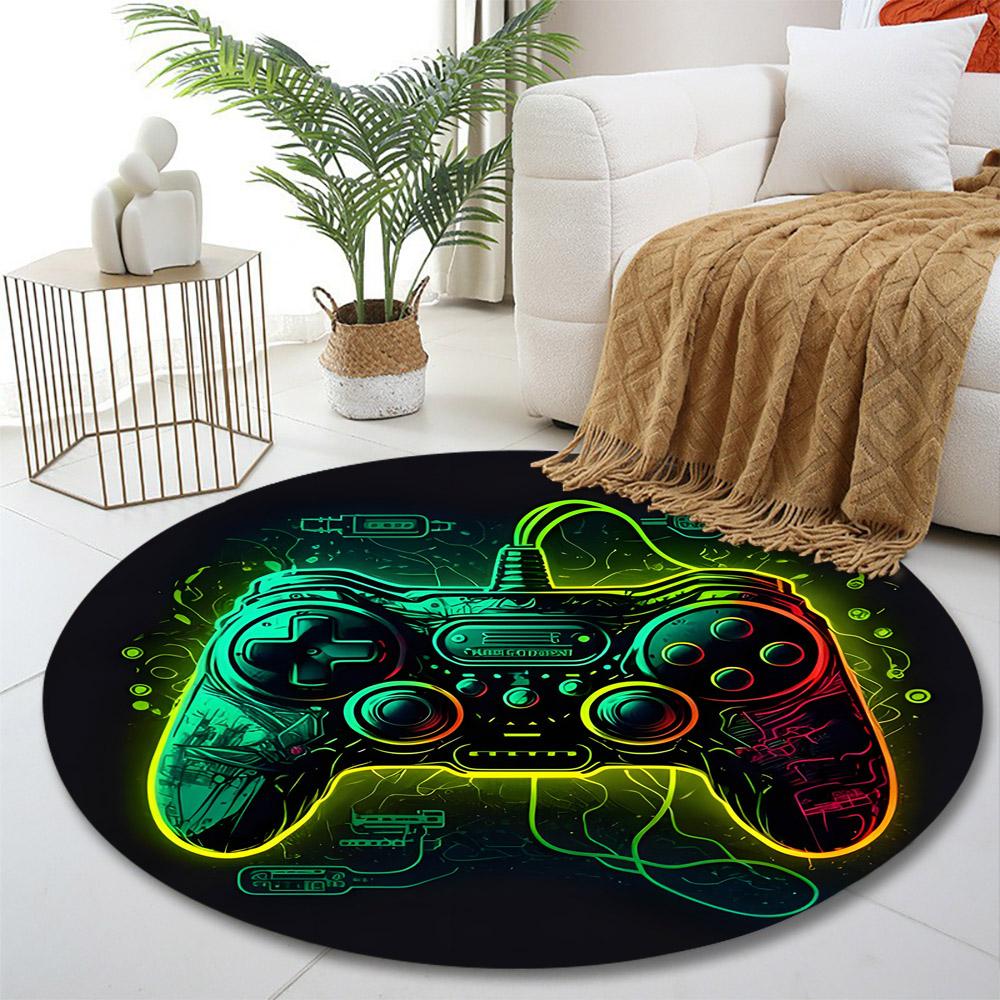 Colorful Neon Gaming Controller Design Print round rug, living room, bedroom, playroom carpet, non slip floor mat, gift