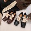Heavy industry handmade retro literary square head small leather shoes ballet style thick heel front lace-up single shoes women's spring