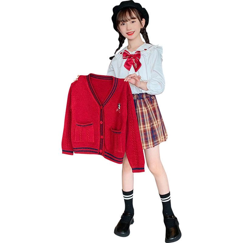 

2024 Spring Girls Academy Skirt Set: Snow White Cardigan, Shirt, and Plaid Skirt 170 cm