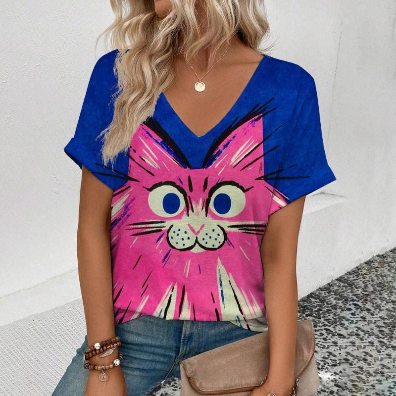 Summer Simple Trendy V-neck T-shirt Loose Casual Cat 3D Digital Printed Casual Short Sleeve T-Shirts Women’s