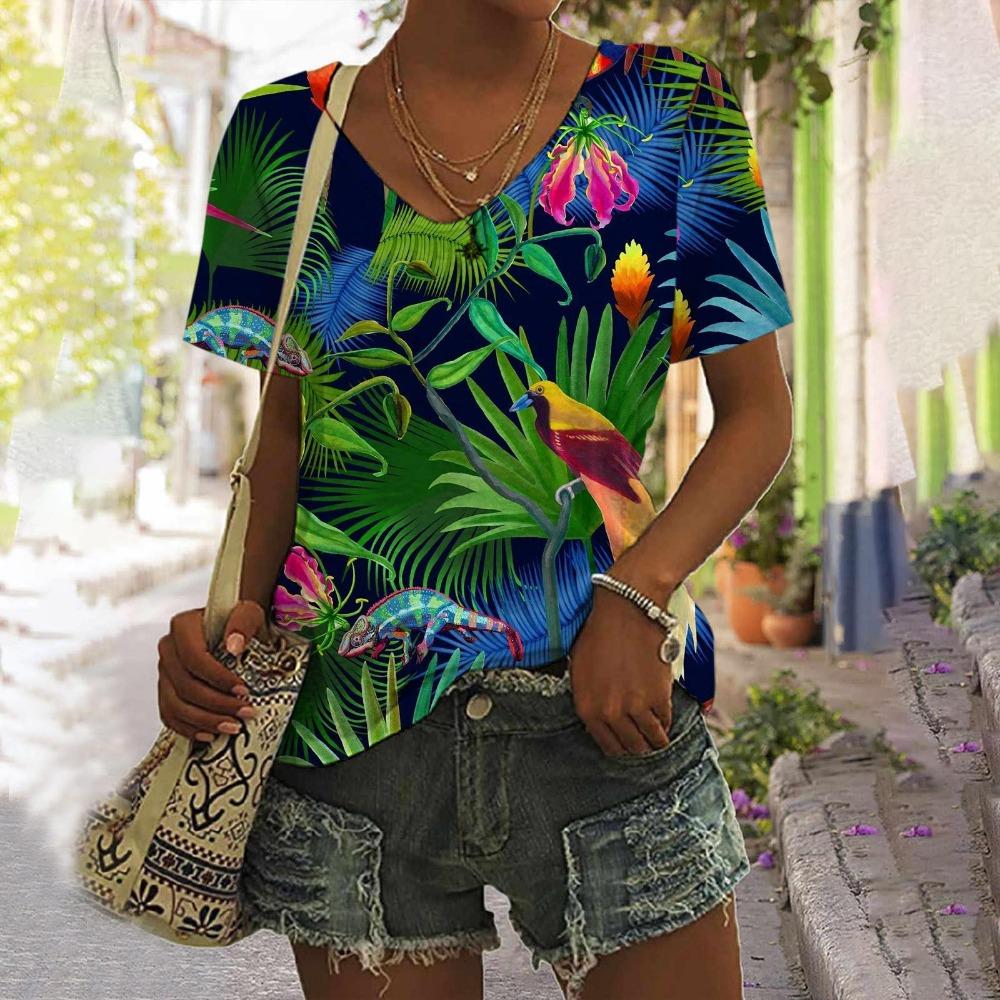

Flower tropical plant T-shirt parrot 3d printing women s V-neck short-sleeved T-shirt S